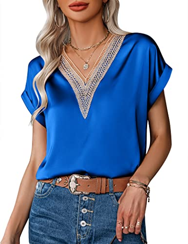 Zeagoo Damen Bluse Satin Tunika Shirt Elegant Hemdbluse Leichte Blusen Festliche T-Shirt Casual Sommerbluse Kurzarm Tops Königsblau S von Zeagoo