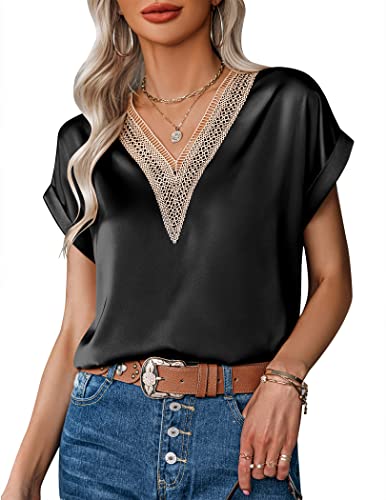 Zeagoo Damen Bluse Satin Tunika Shirt Elegant Hemdbluse Leichte Blusen Festliche T-Shirt Casual Sommerbluse Kurzarm Tops Schwarz S von Zeagoo