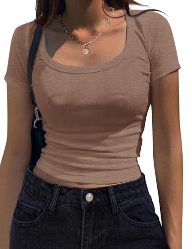 Zeagoo T-Shirt Damen Elegant Basic Tshirt Kurzarm U Ausschnitt Crop Top Oberteile Slim Fit Tops Casual Einfarbig Stretch Shirts Tunika Braun XL von Zeagoo