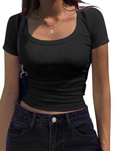 Zeagoo T-Shirt Damen Elegant Basic Tshirt Kurzarm U Ausschnitt Crop Top Oberteile Slim Fit Tops Casual Einfarbig Stretch Shirts Tunika Schwarz L von Zeagoo