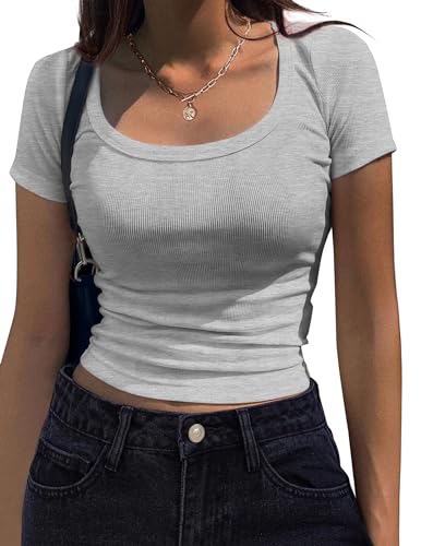 Zeagoo T-Shirt Damen Kurzarm Basic Tshirt Elegant U Ausschnitt Crop Top Oberteile Slim Fit Tops Casual Einfarbig Stretch Shirts Hellgrau M von Zeagoo