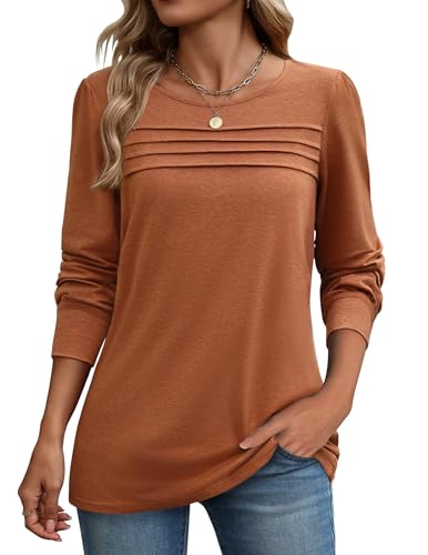 Zeagoo T-Shirt Damen Lässig Langarm Oberteile Rundhals Longshirt Mit Falten Puffärmel Langarmshirt Braun M von Zeagoo