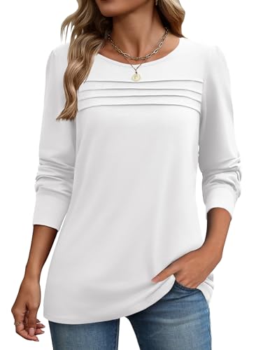 Zeagoo T-Shirt Damen Lässig Langarm Oberteile Rundhals Longshirt Mit Falten Puffärmel Langarmshirt Weiß XXL von Zeagoo