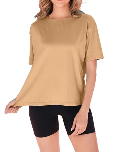 Zeagoo Tshirt Damen Oversize Kurzarm Sport Shirts Sommer Einfarbig Rundhals Locker Tops Square Naht Khaki XXL von Zeagoo