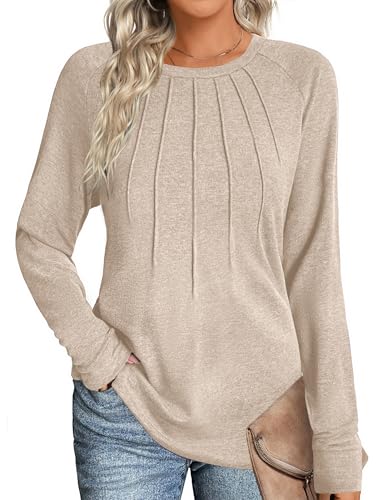 Zeagoo T Shirt Damen Rundhals Langarm Basic Tunika Tops Plissee Elegant Einfarbig Oberteile Leichte Dünner Herbstpullover Beige XXL von Zeagoo