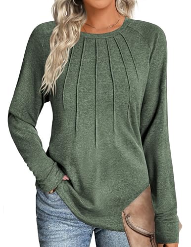 Zeagoo Damen Tshirt Langarm Oberteile Einfarbige Rundhals Shirts Casual Plissee Langarmshirt Herbst Basic Tops Grün XL von Zeagoo