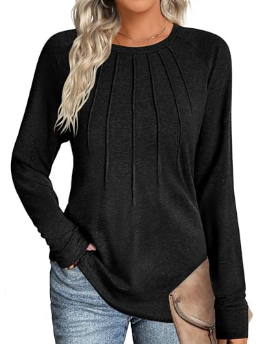 Zeagoo T Shirt Damen Rundhals Langarm Basic Tunika Tops Plissee Elegant Einfarbig Oberteile Leichte Dünner Herbstpullover Schwarz XXL von Zeagoo
