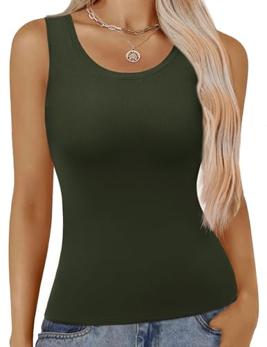 Zeagoo Tank Top Damen Ärmellos Oberteile Sommer Gerippte Tops Basic Slim Fit Shirts Casual Rundhals Tshirt Ribbed Tunika Stretch Weste Camisole Grün M von Zeagoo