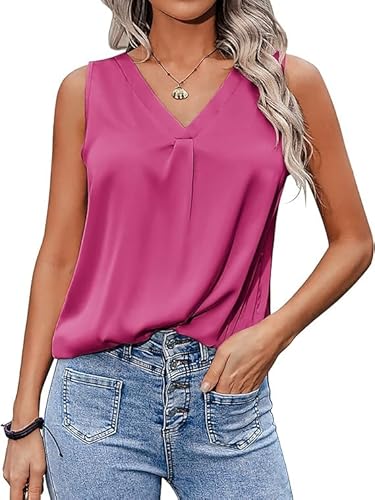 Zeagoo Tank Top Damen Silk Satin Tanktops Basic Cami Elegant V-Ausschnitt Blusentop Ärmellose Sommer Camisole Casual Bluse Shirt Rosenrot M von Zeagoo