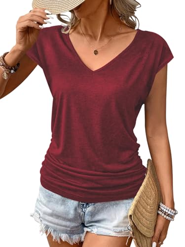 Zeagoo Tank Top Damen Sommer Elegant Oberteile Einfarbig Falten Shirts Ärmellos Tops Basic Stretch Tunika Weinrot XXL von Zeagoo