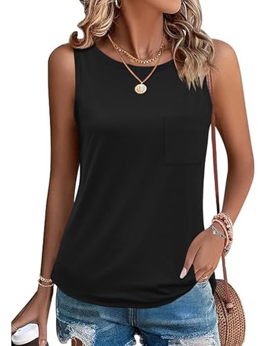 Zeagoo Damen Schwarz Tank Top Ärmellose Blusentop Schwarz Sommer Basic Tops mit Tasche Einfarbig Oberteile Lässige Weste Rundhals Shirt Schwarz XL von Zeagoo