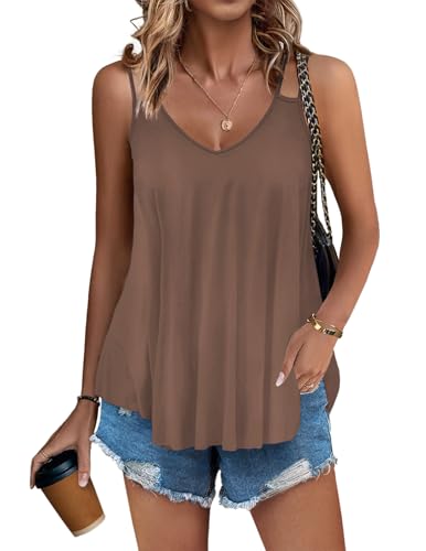 Zeagoo Tops für Damen Locker V-Ausschnitt Ärmellose Oberteile Sommer Weiche Spaghetti Top Leicht Luftig Flowy Trägershirt Braun S von Zeagoo