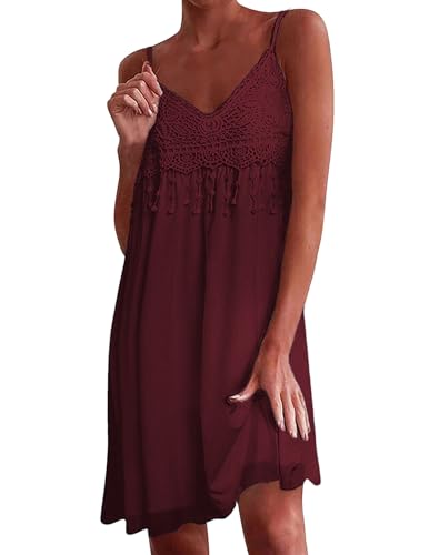 Zeagoo Trägerkleid Damen Bohemian Strandkleid V-Ausschnitt Boho Kleid Lässig Spaghetti Sommerkleid mit Fransen Ärmellos Minikleid Dunkelrot XL von Zeagoo
