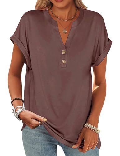 Zeagoo Damen Kurzarm T-Shirt V-Ausschnitt Sommer Tshirt Locker Einfarbig Oberteil Basic Tops Dunkel Rot S von Zeagoo