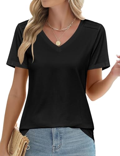 Zeagoo T Shirt Damen Schwarz Elegant Tshirt Kurzarm V Ausschintt Sommer Shirts Einfarbig Lässig Oberteile Basic Tops Mit Falten Schwarz XXL von Zeagoo