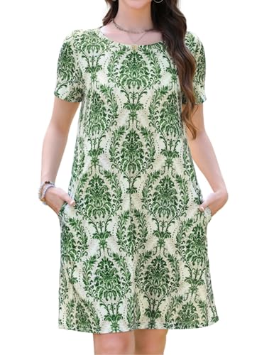 Zeagoo Tshirt Kleid Damen Leicht Luftig Knielang Kleider Rundhals Kurzarm T Shirtkleid mit Taschen Casual Midi Kleid Grüne Blumen L von Zeagoo