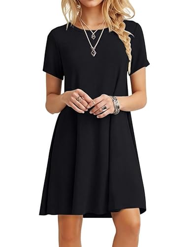 Zeagoo T Shirt Kleid Damen Kurzarm Rundhals Shirtkleid mit Taschen Sommer Knielang Kleider Leicht Sommerkleid Schwarz L von Zeagoo