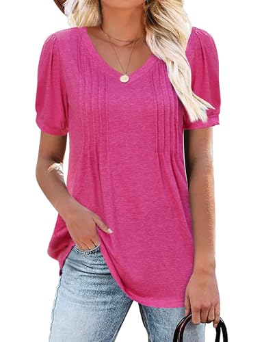 Zeagoo Damen T Shirt Sommer V-Ausschnitt Oberteil Locker Basic Shirt Kurzarm Blusenshirt Casual Tops Rosarot L von Zeagoo
