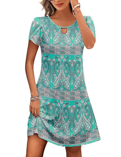 Zeagoo Tunika Kleid Damen Sommer Casual Floral Freizeitkleider A-Linie Rundhals Skaterkleid Swing Kleider Grün Blumen L von Zeagoo
