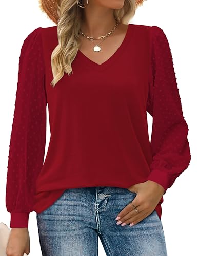 Zeagoo Tuniken für Damen Elegant V Ausschnitt Langarmshirt Basic Pullover Oberteile Polka Dots Ärmel Blusen Casual Einfarbig Hemd Lässig Tshirt Herbst Winter Festliche Blusen Schickes Rot M Zeagoo Tuniken für Damen Elegant V Ausschnitt Langarmshirt Basic Pullover Oberteile Polka Dots Ärmel Blusen Casual Einfarbig Hemd Lässig Tshirt Herbst Winter Festliche Blusen Schickes Rot M von Zeagoo