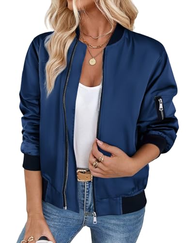 Zeagoo Übergangsjacke Damen Kurze Bomberjacke Elegant Leichte Fliegerjacke Casual Basic Jacke Outwear für Herbst Blau S von Zeagoo