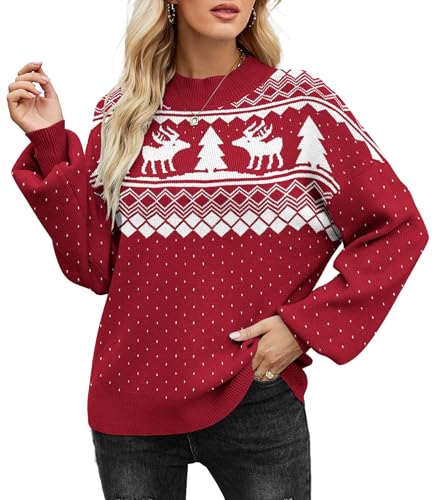 Zeagoo Weihnachtspullover Damen Pullover Herbst Rollkragen Strickpullover Winter Lose Pulli Warm Strickpulli Elegant Rundhals Winterpullover Langarm Sweater Casual Puffärmel Oberteile Weihnachten S von Zeagoo