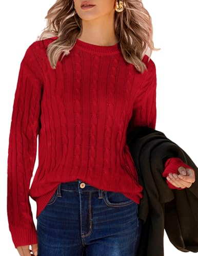 Zeagoo Winterpullover Damen Strickpullover Winter Pulli Rundhals Lose Sweatshirt Warm Langarm Strick Oberteile Zopfstrick Gestrickt Pullover Rot M von Zeagoo