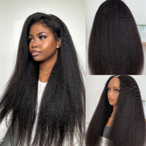 Echthaar Perücke Yaki U Part Human Hair für Frauen - Kinky Straight 10A Virgin Hair No Lace Full Head Clip in Half Wig U Shape (20 Inch) von Zealady