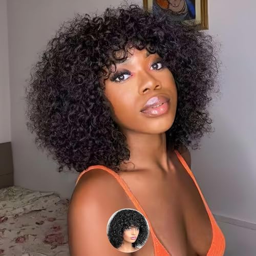 Echthaar Perücke mit Pony Kurze lockige Bob Perücke Echthaar Jerry Curl Bob Perücke für schwarze Frauen 150% Dichte nicht Spitze vorne Kleberlose Perücke 10 Zoll (25 cm) von Zealady