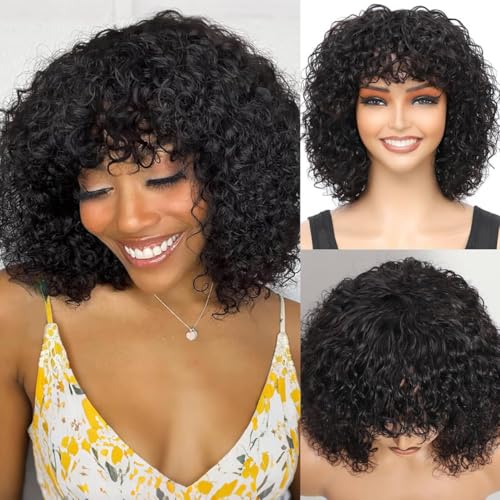 Short Bob Human Hair Wigs with Bangs None Lace Front Wigs Brazlian Curly Hair Machine Made Bob Wig for Black Women Natural color (12 Inch) von Zealady