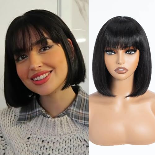 Short Bob Human Hair Wigs with Bangs None Lace Front Wigs Brazlian Straight Hair Machine Made Bob Wig for Black Women Natural color (8 Inch) von Zealady