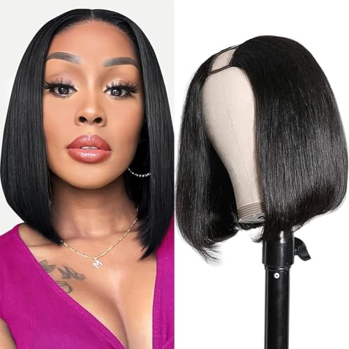 U Part Wig Bob Human Hair Wig 100% Echthaar Perücke U Part Straight Bob Wigs Glueless Wig Human Hair Perücke Damen Echthaar for Black Women 130% Density 10 Zoll (25cm) von Zealady