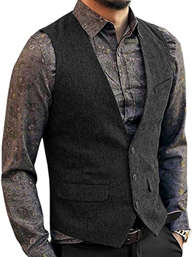 Zeattall Herren-Anzugweste aus Tweed, Wolle, einreihig, schmale Passform, Weste, schwarz, X-Large von Zeattall