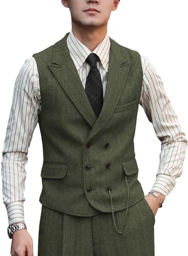Zeattall Herren-Weste, Wolle, Fischgräten-Tweed, Anzugweste, zweireihig, Grün (Army Green), XX-Large von Zeattall