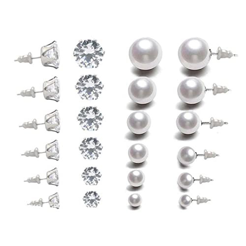 Zeayebsr 12 Paar Damenohrringe, weiße Perlenohrringe, silberne Zirkon-Ohrringe, Damen-Perlen-Ohrstecker, 3–8 mm, Ohrring-Set für Frauen (6 Paar Perlen, 6 Paar Zirkone) von Zeayebsr