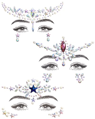 Zeayebsr 3 PCS Gesicht Edelsteine Stick Juwelen für Frauen Halloween Club Cosplay Kostüm Gesicht Edelsteine Aufkleber auf Rave Party Schminken Geschenk für Kinder Kostüm Temporäre Tattoos Festival von Zeayebsr