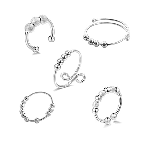 Zeayebsr anxiety ring，fidget ring，achtsamkeitsring， 5 Stück Angstringe Set Einzelspulenspirale Übertragungsperlen Offener Ring Entlastungsspinnerringe Perlen Drehring Offener Fingerring (Silber). von Zeayebsr