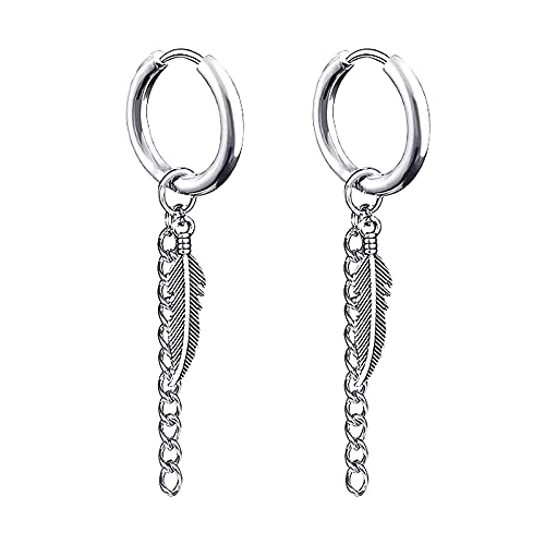 Zeayebsr Creolen mit Feder Punk Stainless Steel Leaf Stud Earrings Hinged Unisex Piercing Jewelry 1 Pair Long Chain Dangle Earrings（Feather Silver 1 Pair） von Zeayebsr