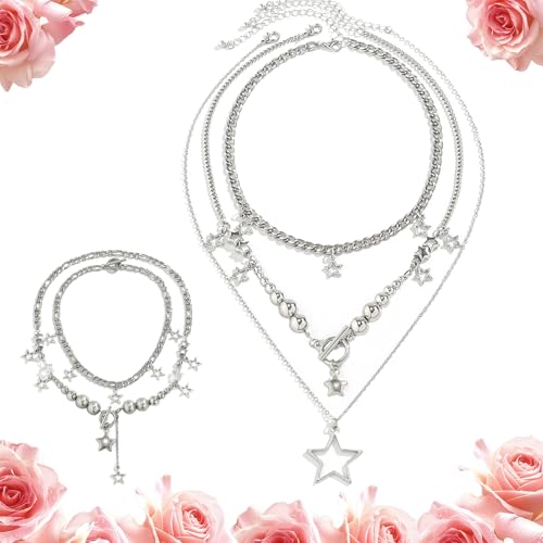 Zeaying 1 Piece Silver Star Necklace Y2K+2 Pieces Tassel Star Bracelet, Gothic Y2K Jewellery Set, Grunge Chain for Women, Fashion Necklace Bracelet for Party, Cosplay, Halloween, and Daily Outfit von Zeaying