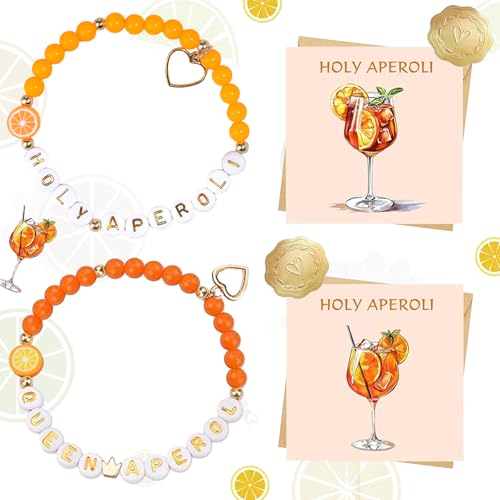 Zeaying 2 Stück Apero Geschenk Frau Armband, Aperolin Apero Queen Spritz Accessoires Armbands, Apero Armband Mädchen Schmuck, 2 Apero Postkarte mit 2 Umschlag Aufkleber von Zeaying