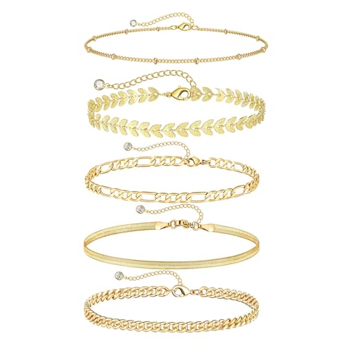 Zeaying 5 Stück Armband Damen Gold Stapelarmbänder Edelstahl Figaro Perlen Ketten Armbänder Verstellbare Armband Set Wasserdichter Gold Schmuck für Damen von Zeaying