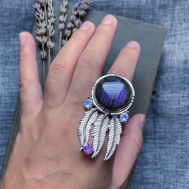 statement Ring, Labradorit Lila Labradorit, Schmuck, Traumfänger Mondstein Boho Amethyst Ring von ZebaJewelry