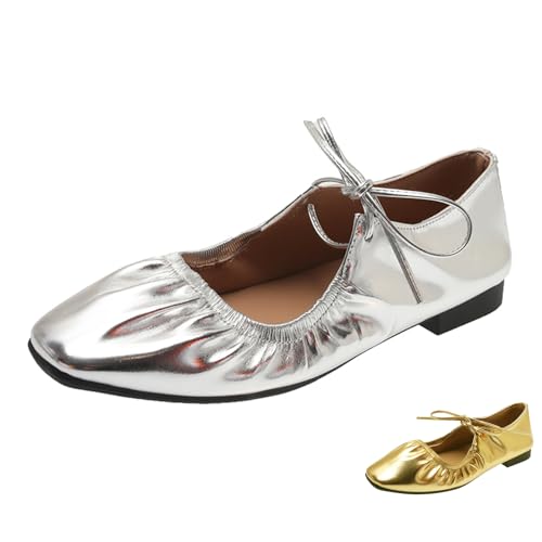 Zeberfi Mary Jane Damen-Ballerinas aus glänzendem Leder, modische Schnürung, geschlossen, runder Zehenbereich, flacher Mund, Ballettschuhe, Retro, bequem, leicht, Freizeitschuhe, silber, 37.5 EU von Zeberfi