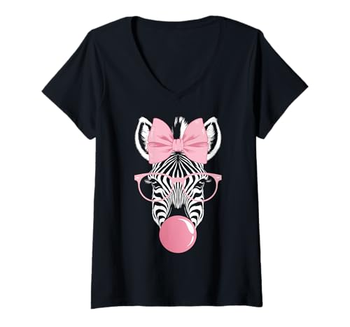 Damen Zebra trägt Brille und bläst rosa Kaugummi T-Shirt mit V-Ausschnitt von Zebra Bubblegum