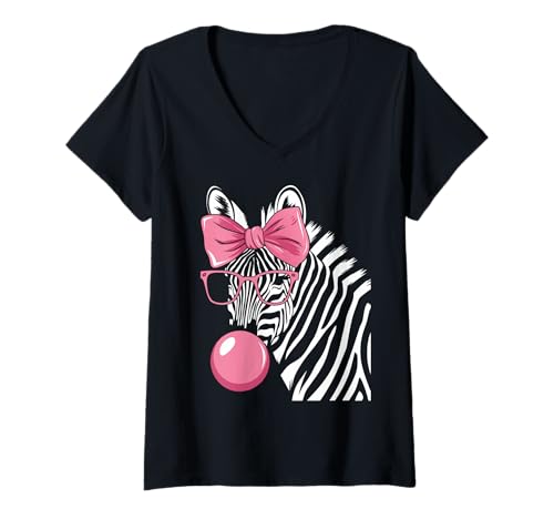 Damen Zebra trägt Brille und bläst rosa Kaugummi T-Shirt mit V-Ausschnitt von Zebra Bubblegum