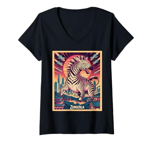 Damen Lustiges Zebrazilla Zebra T-Shirt mit V-Ausschnitt Damen Lustiges Zebrazilla Zebra T-Shirt mit V-Ausschnitt von Zebra Geschenke Herren Damen Jungen Mädchen