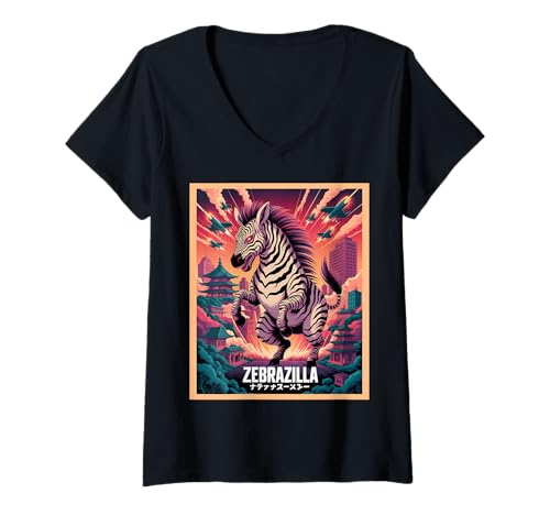 Damen Lustiges Zebrazilla Zebra T-Shirt mit V-Ausschnitt Damen Lustiges Zebrazilla Zebra T-Shirt mit V-Ausschnitt von Zebra Geschenke Herren Damen Jungen Mädchen