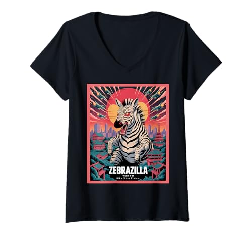 Damen Lustiges Zebrazilla Zebra T-Shirt mit V-Ausschnitt Damen Lustiges Zebrazilla Zebra T-Shirt mit V-Ausschnitt von Zebra Geschenke Herren Damen Jungen Mädchen