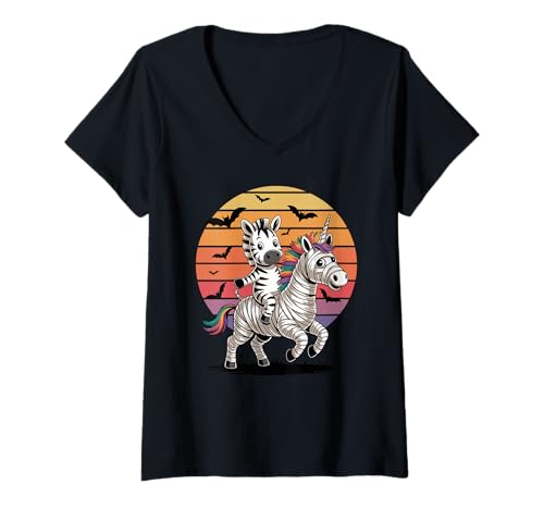 Damen Halloween Mumie Einhorn Zebra Zebras T-Shirt mit V-Ausschnitt Damen Halloween Mumie Einhorn Zebra Zebras T-Shirt mit V-Ausschnitt von Zebras Zebra Lover Gifts
