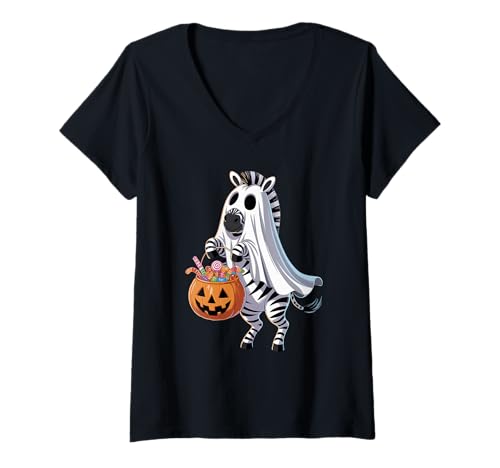 Damen Halloween Zebra Geist Kürbis Süßes Oder Saures Süßigkeiten T-Shirt mit V-Ausschnitt von Zebras Zebra Lover Gifts